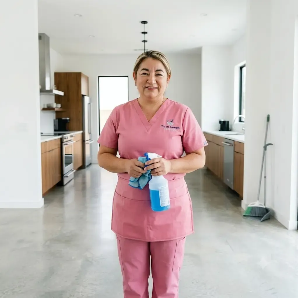 Blanca, founder of Blanca Cleaning Services, smiling in a bright, freshly cleaned kitchen